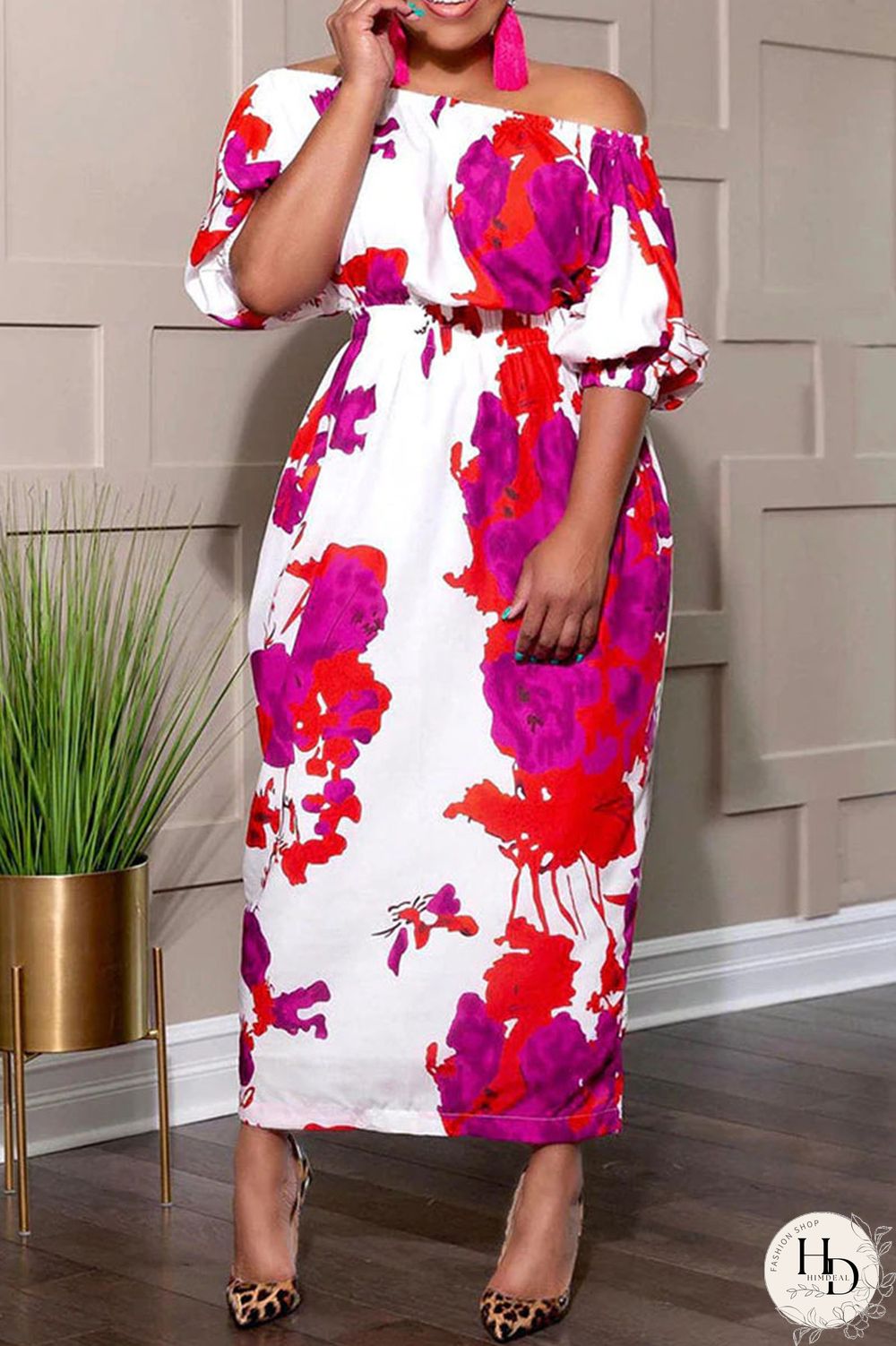 Red Casual Sweet Print Split Joint Off the Shoulder Straight Dresses