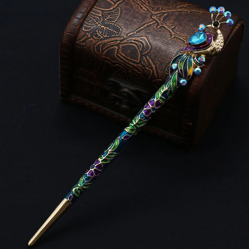 Supply Vintage Headdress Peacock Crystal Cloisonne Hairpin Chinese Style Hanfu Updo Accessories Raccoon Hair Accessories