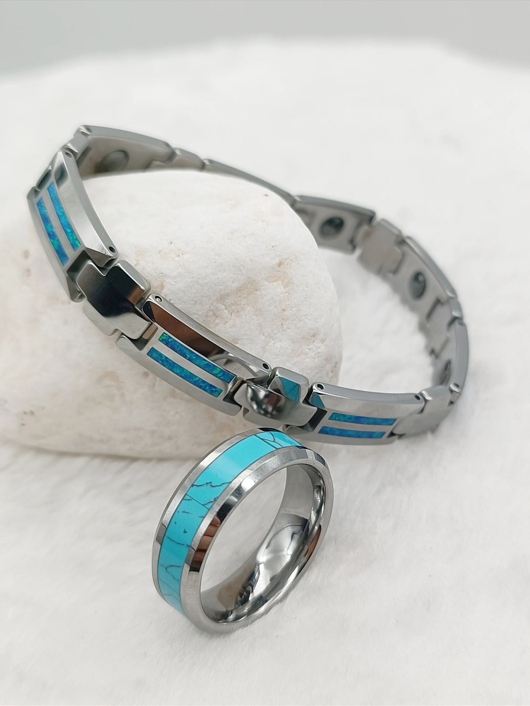 Waterproof High Quality Blue Turquoises Wedding Bands Finger Rings For Men Opal Tungsten Carbide Bracelets Jewelry Sets