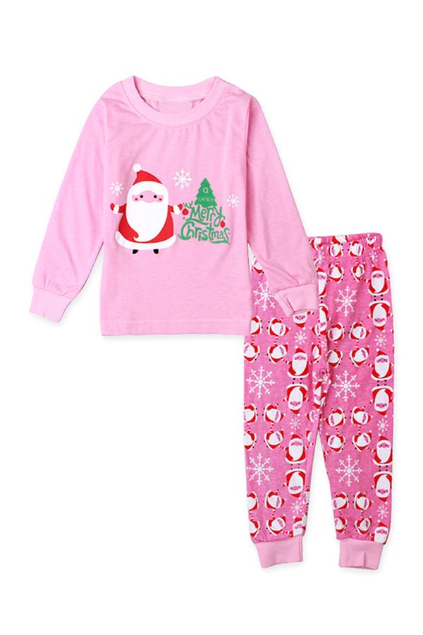 Long Sleeve Santa Claus Snowflake Print Kids Girls Christmas Pajama Pink-elleschic