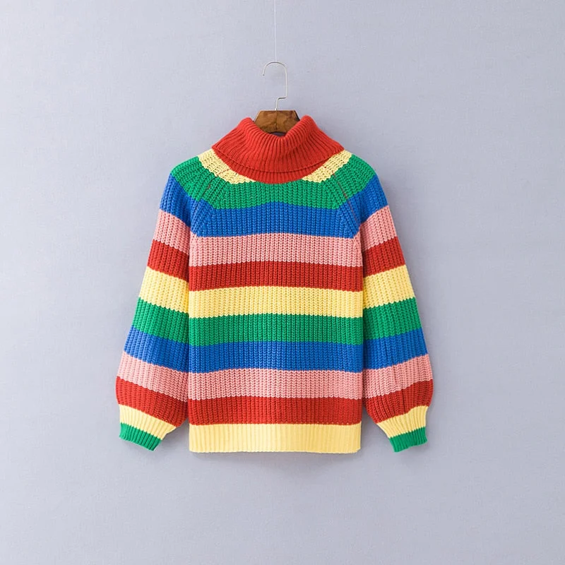 Fitshinling 2020 Winter turtlenecks sweaters for women rainbow stripes fashion pullover female knitted jumper lady's sweater hot