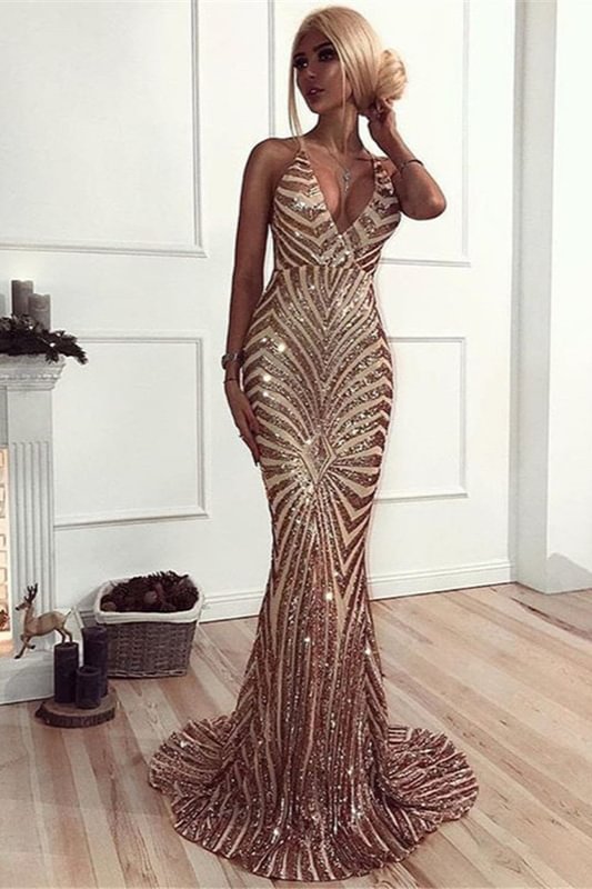 Chic V-Neck Sleeveless Mermaid Sequins Prom Dress Long Evening Party Gowns - lulusllly
