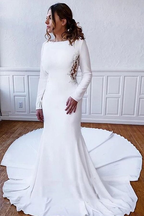 Stylish Long Sleeves Lace Illusion Back Sheath Wedding Dress With Appliques | Ballbellas Ballbellas