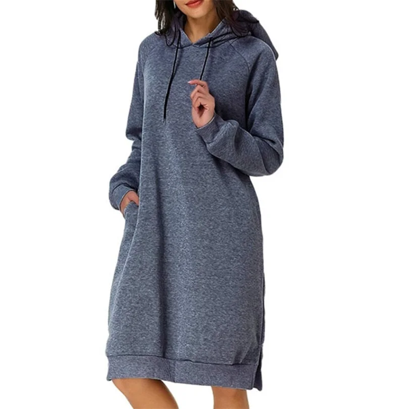 CUHAKCI Sweatshirt Dress Women Hoodies Pocket Ladies Long Sleeve Autumn Hooded Pullover Oversized Sweatshirt Loose Casual Dress