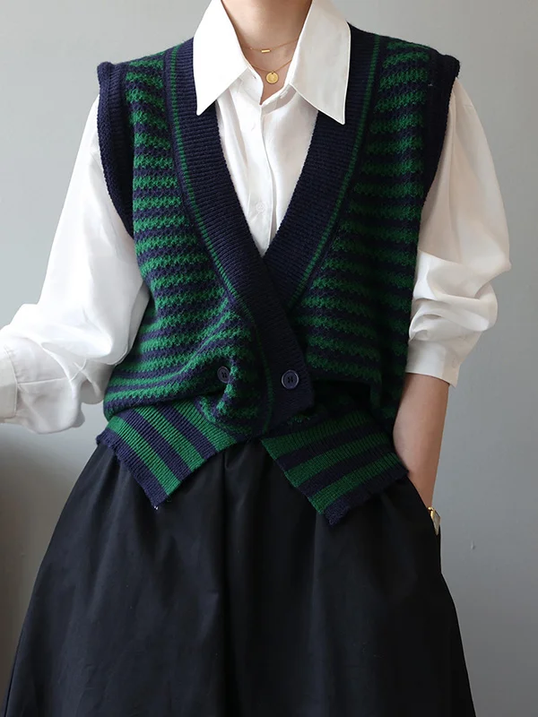 Vintage Roomy Contrast Color Striped Knitting Vest Outerwear