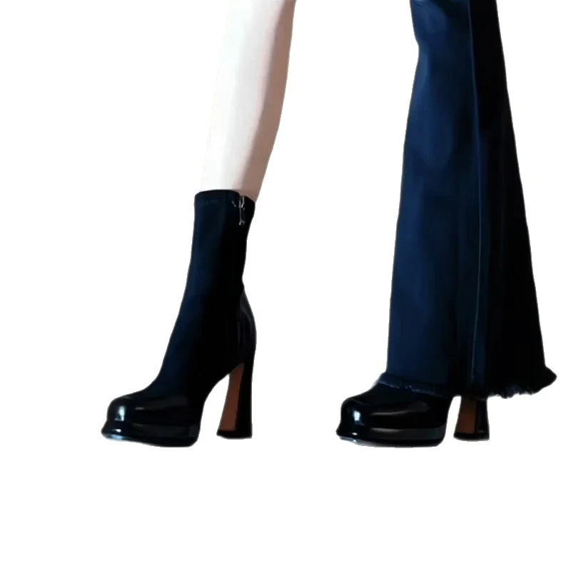 Breakj Breakj Short-Skin Women Splicing 2025 Autumn And Winter Retro Martin Boots Coarse And Waterproof Table Not Tired Of Elastic Thin Boots