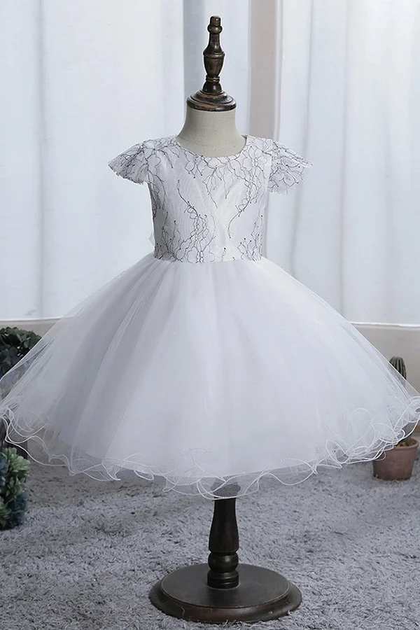Hellodresses Blue Short Sleeves Jewel Flower Girl Dress with Appliques