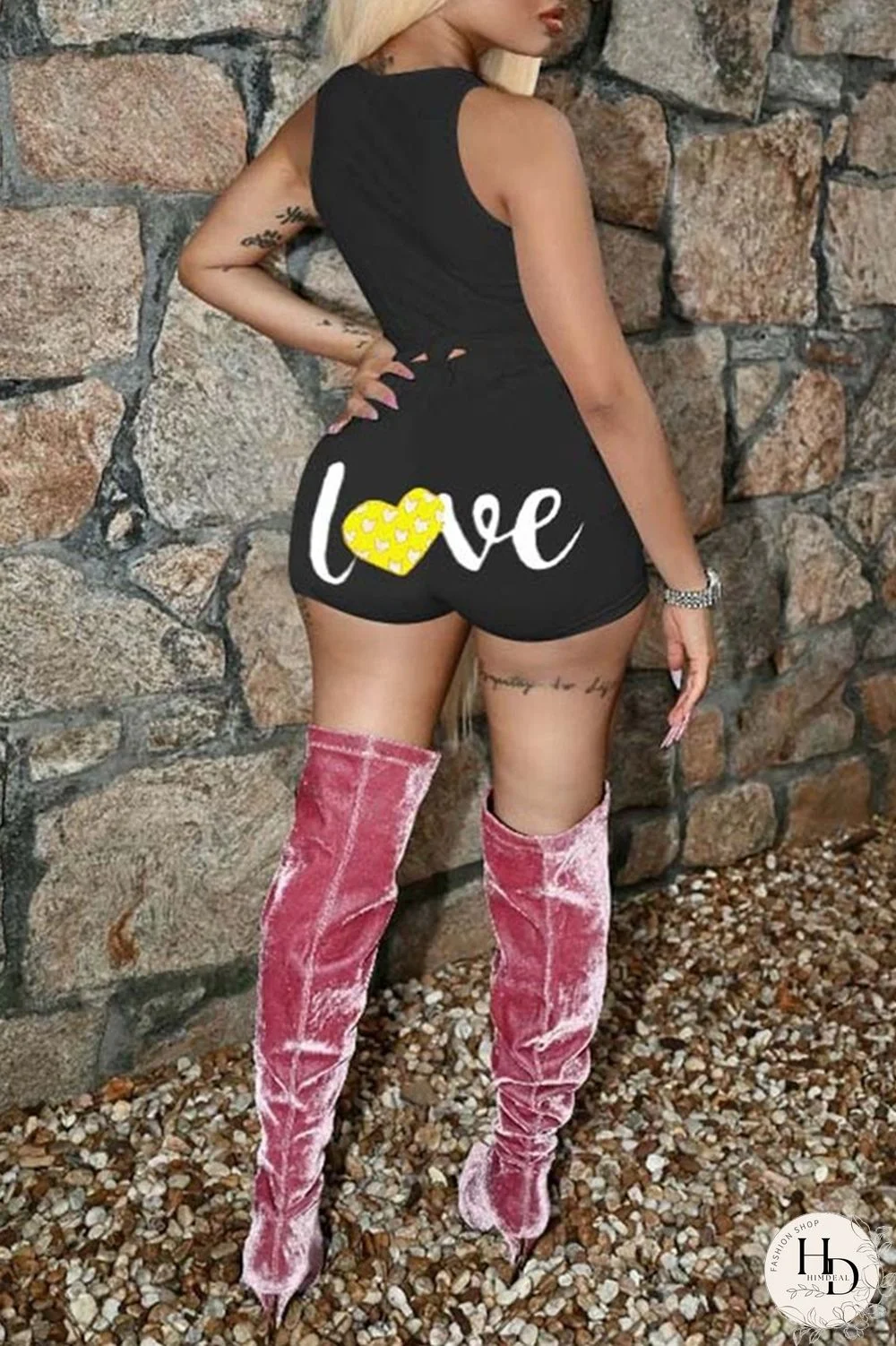 Black Fashion Casual Letter Print Basic O Neck Sleeveless Two Pieces