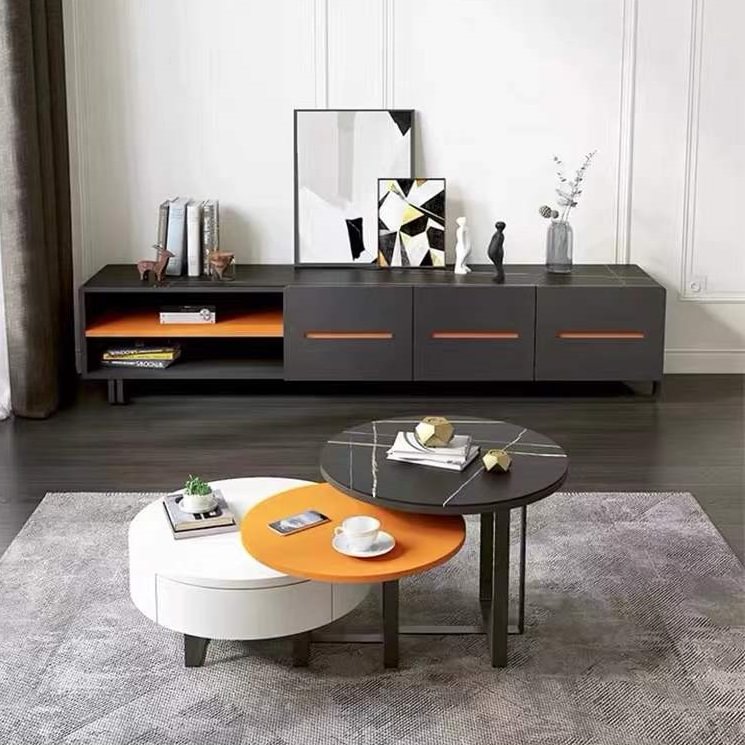 Homemys Modern Round Wood Swivel Coffee Table with 2 Drawers