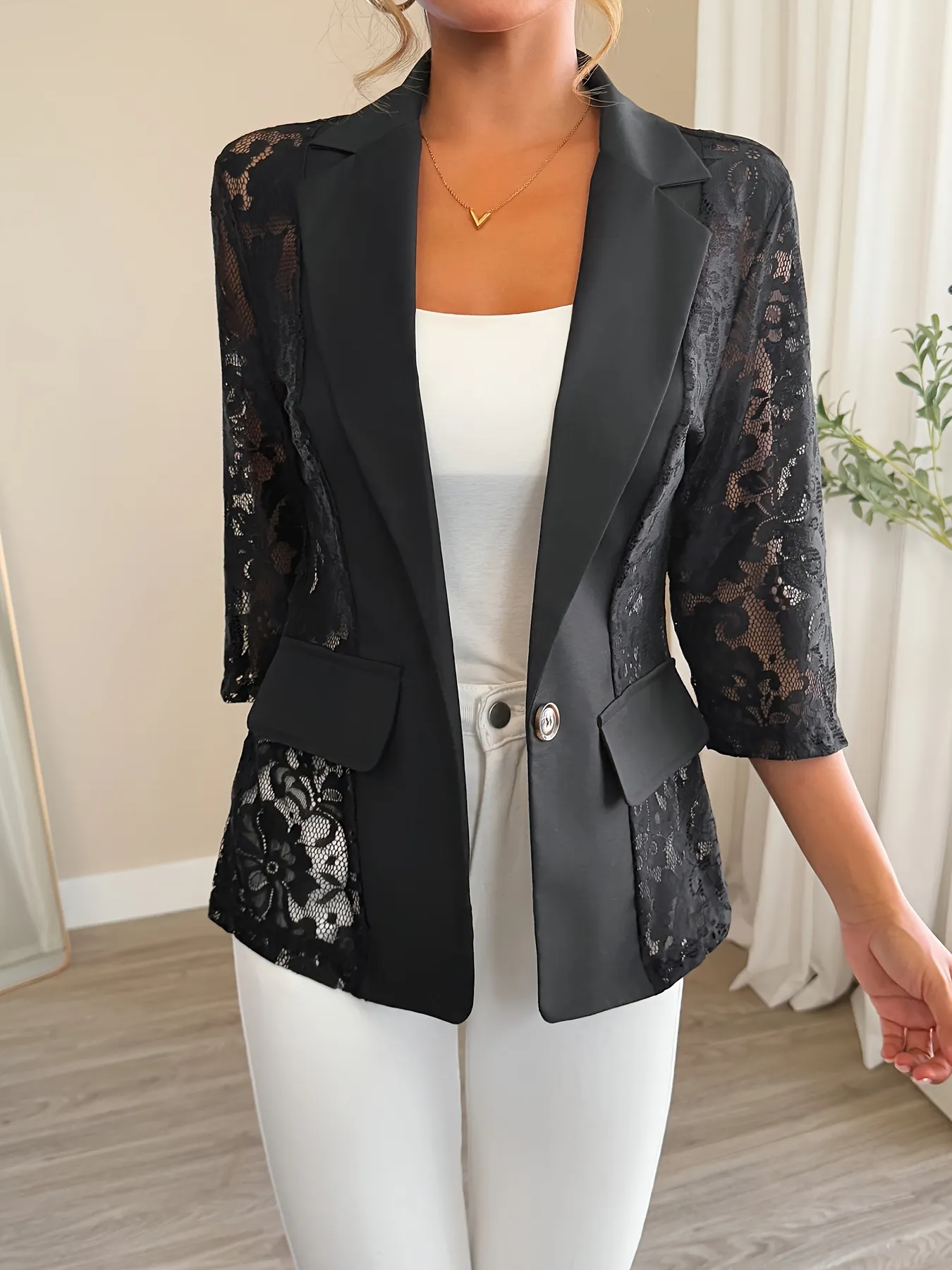 Elegant Womens Polyester Lace Blazer With Single Button Lapel Collar Three Quarter Sleeve | IFYHOME