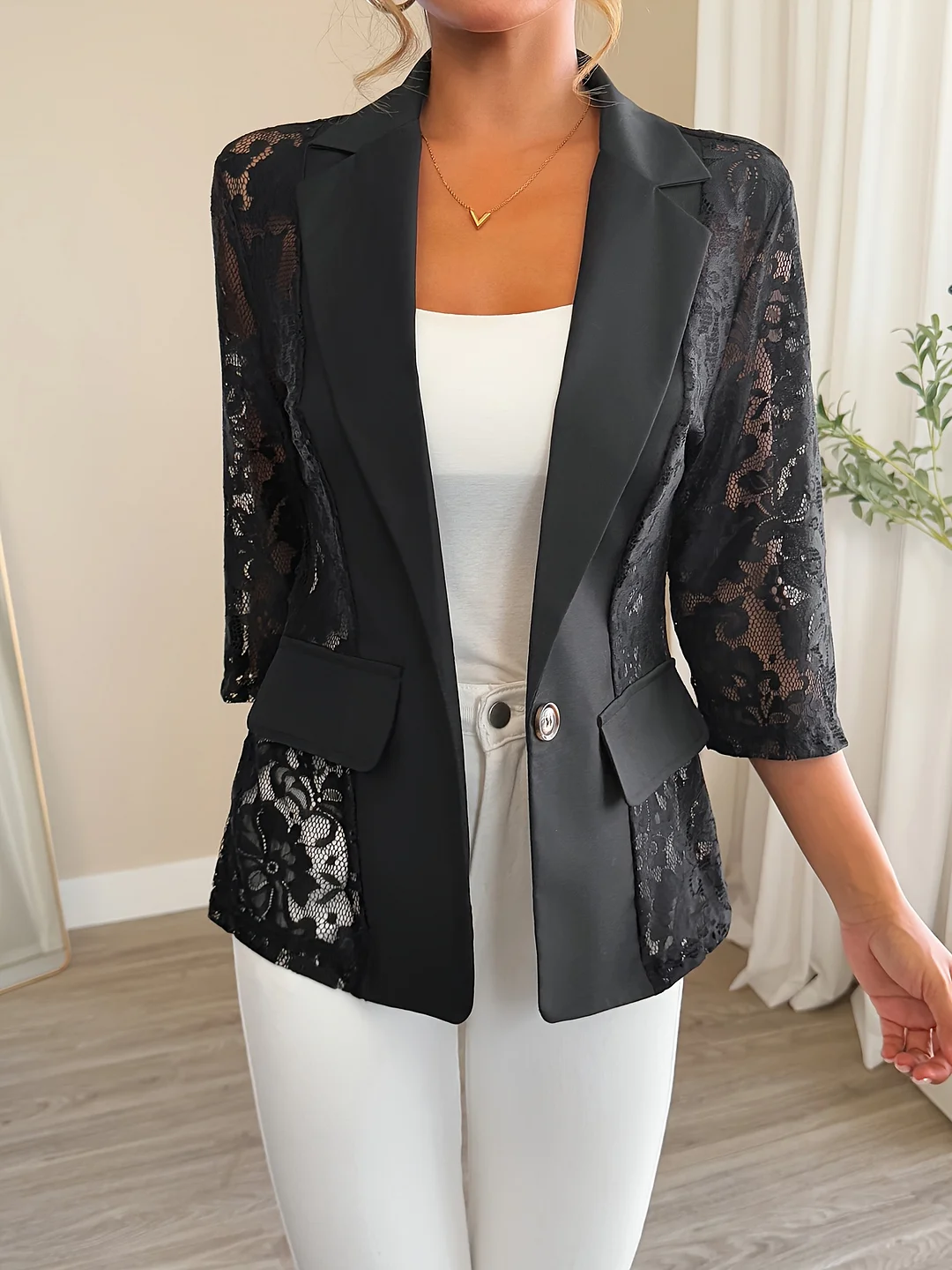 Elegant Women's Polyester Lace Blazer With Single Button Lapel Collar - Three Quarter Sleeve Regular Length Jacket For Spring/Summer | IFYHOME