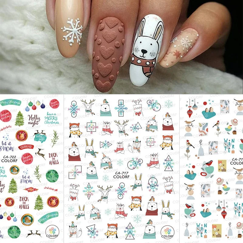 Winter Xmas 3D Nail Sticker Christmas Elk Santa Snowflake Rabbit Cartoon Slider Design Polish Nails Decals Nail Art DIY Decor-Nail Inspo