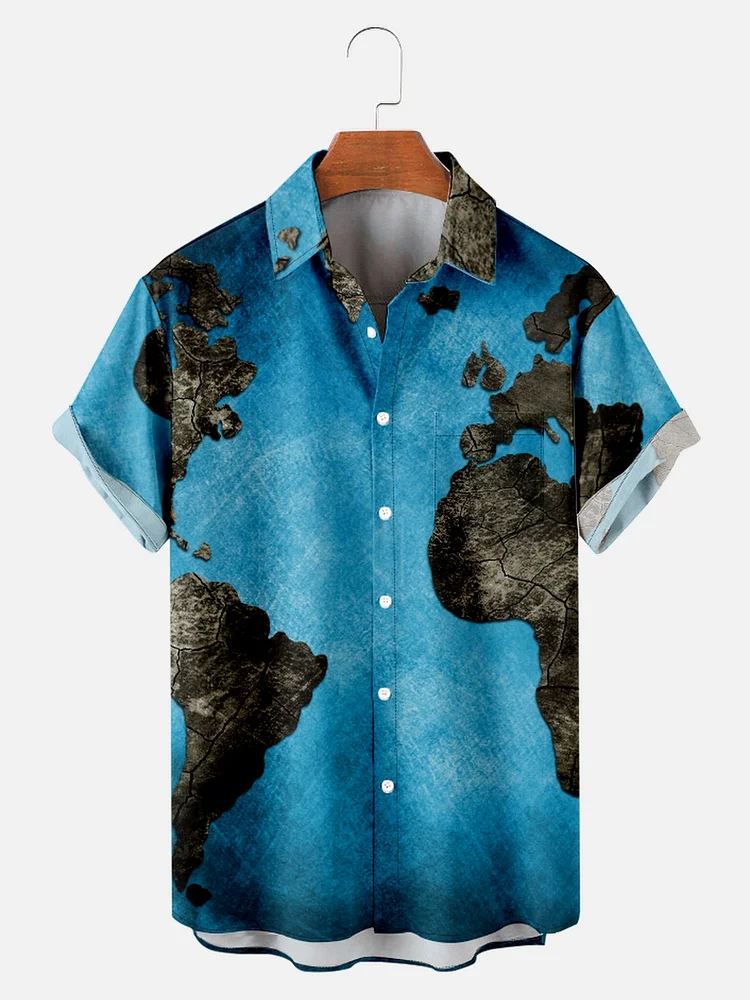 World Map Casual Loose Men's Plus Size Short-Sleeved Shirt