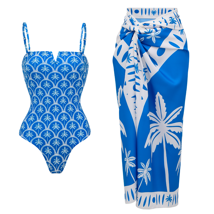 Coconut Tree Geometry Print Swimsuit and Skirt