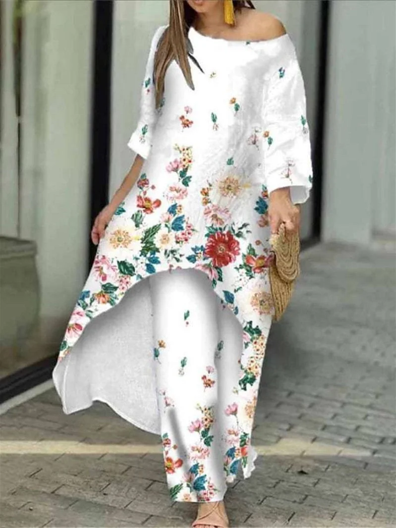 Women's Long Sleeve Scoop Neck Graphic Floral Printed Two-Piece Set
