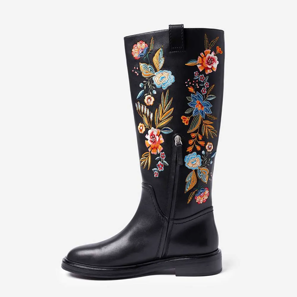 Black Round Toe Low Heel Flower Embroidered Knee High Boots for Women