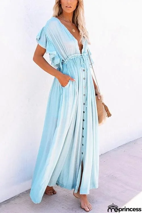 Button Drawstring Waist Bat Maxi Cover Dress