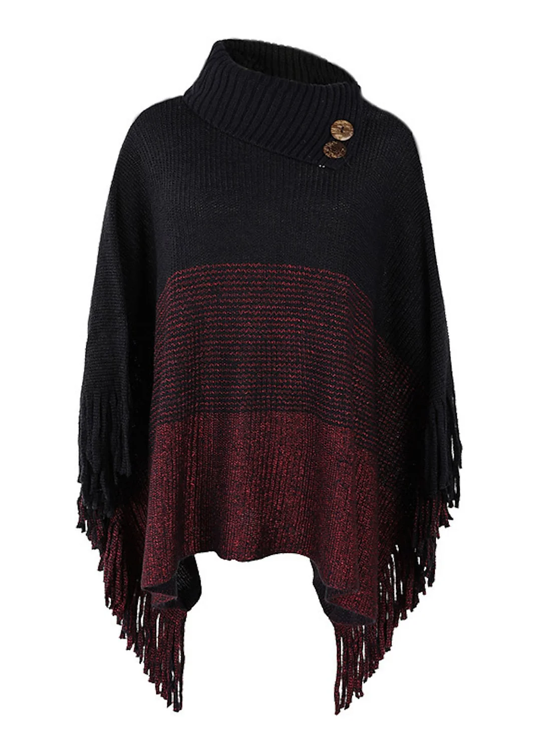 Women's Blouse Shirt Color Block Button Tassel Long Sleeve Casual Ponchos