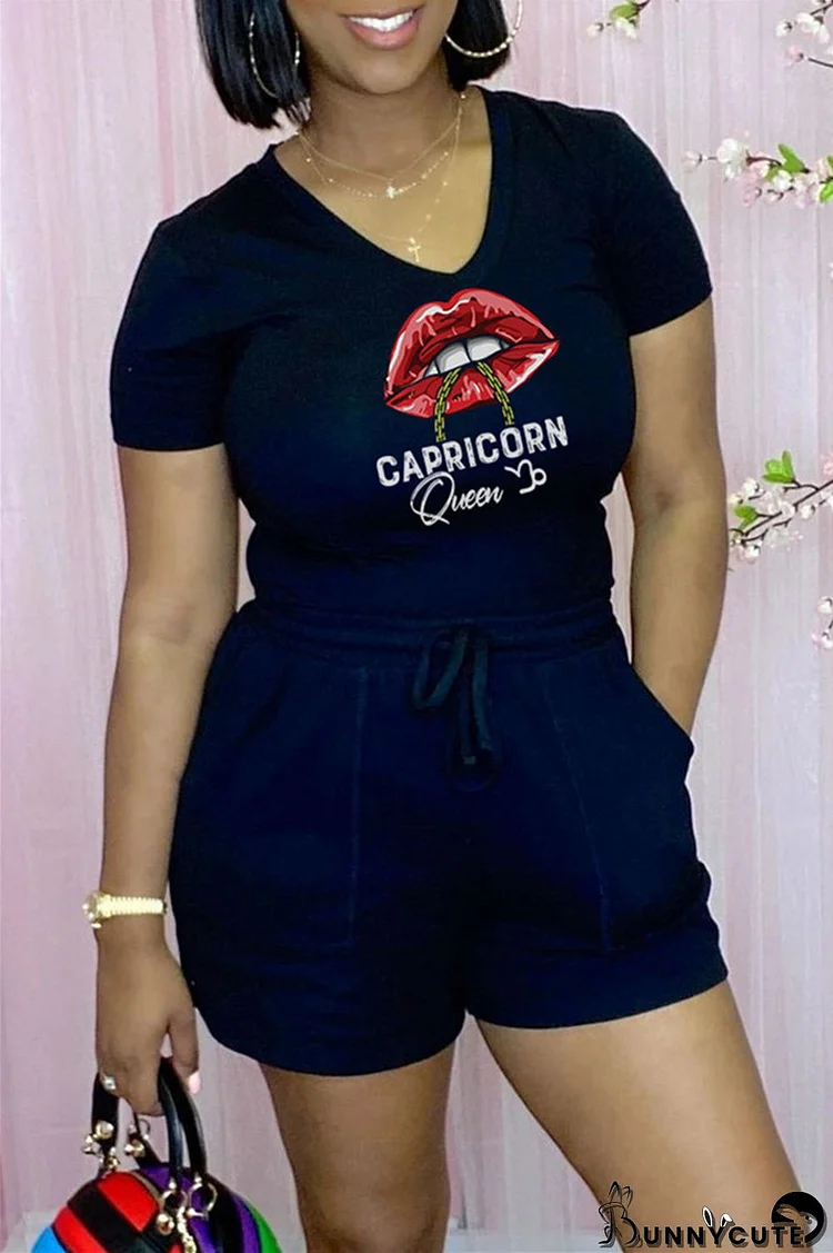 Black Fashion Casual Lips Printed Basic V Neck Short Sleeve Two Pieces