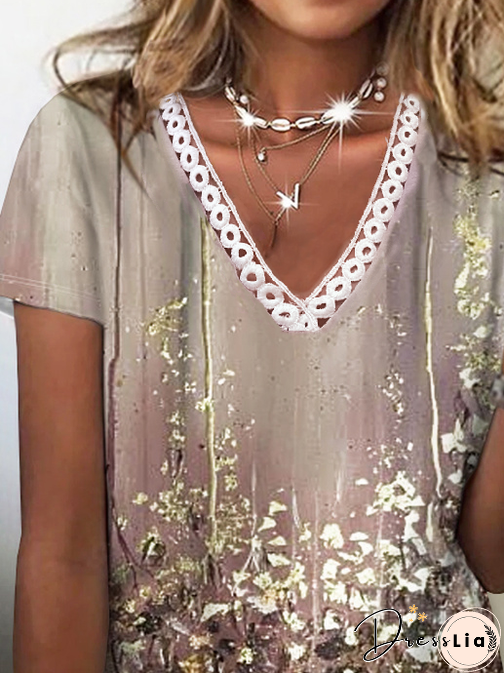 V Neck Floral Printed Jersey T-Shirt