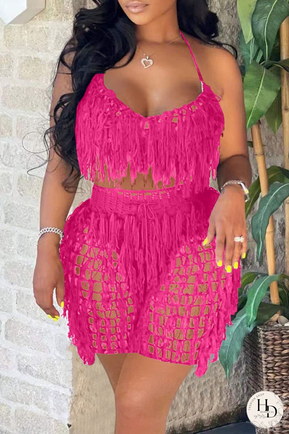 Rose Red Sexy Solid Tassel Hollowed Out Patchwork Halter Sleeveless Two Pieces