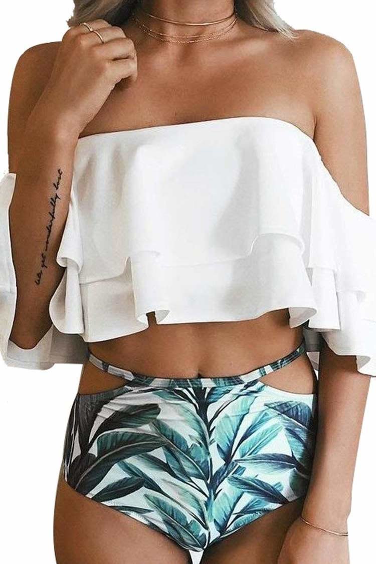 Layered Ruffle Off Shoulder High Waist Bikini Swimsuit - Two Piece Set-elleschic