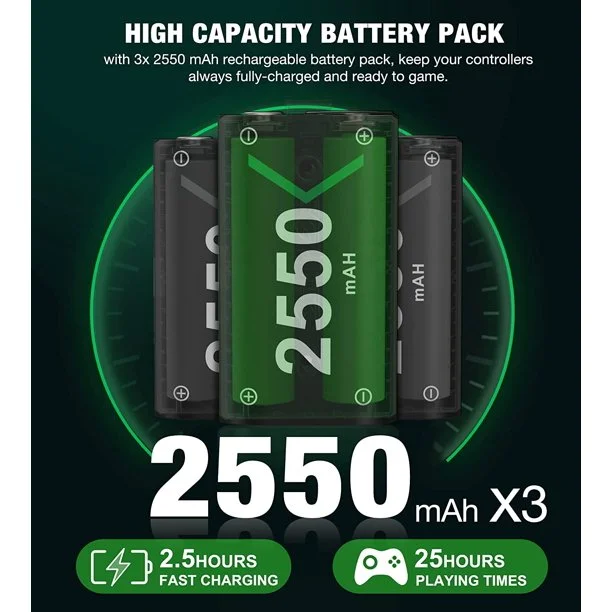 DinoFire Xbox Charger Station for Xbox Rechargeable Battery Pack with 3x2550 mAh Controller Battery Pack