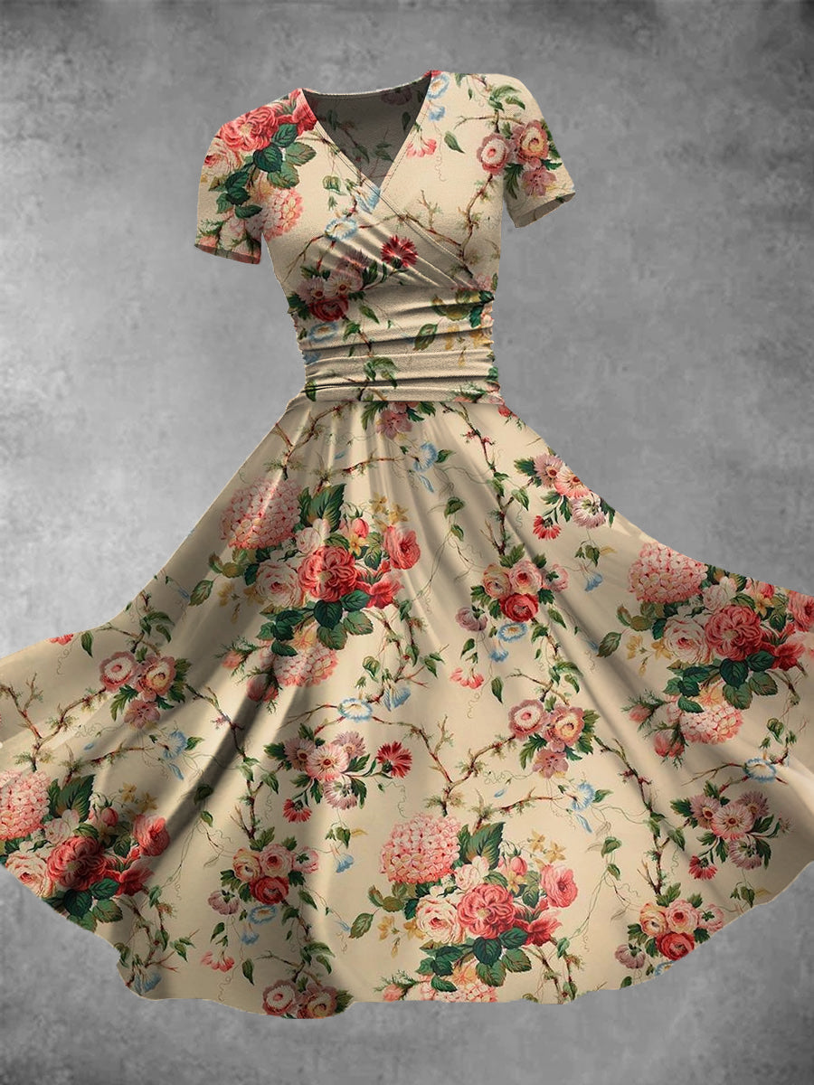 Vintage Floral Print V-Neck Elegant Chic Loose Short Sleeve Midi Dress