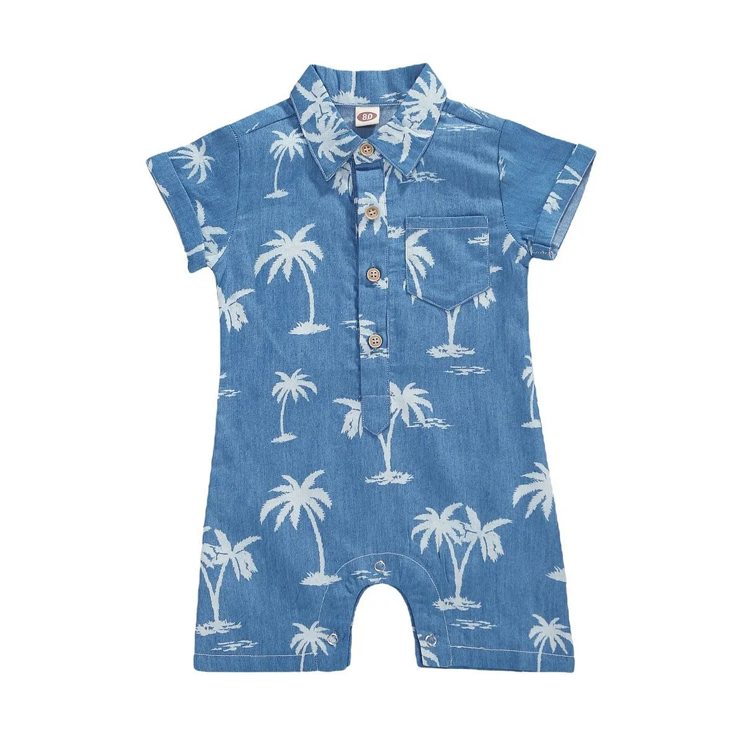 2020 Baby Summer Clothing Baby Boys Lapel Romper Infant Simple Style Coconut Tree Short Sleeve Jumpsuit Clothing Travel Vacation