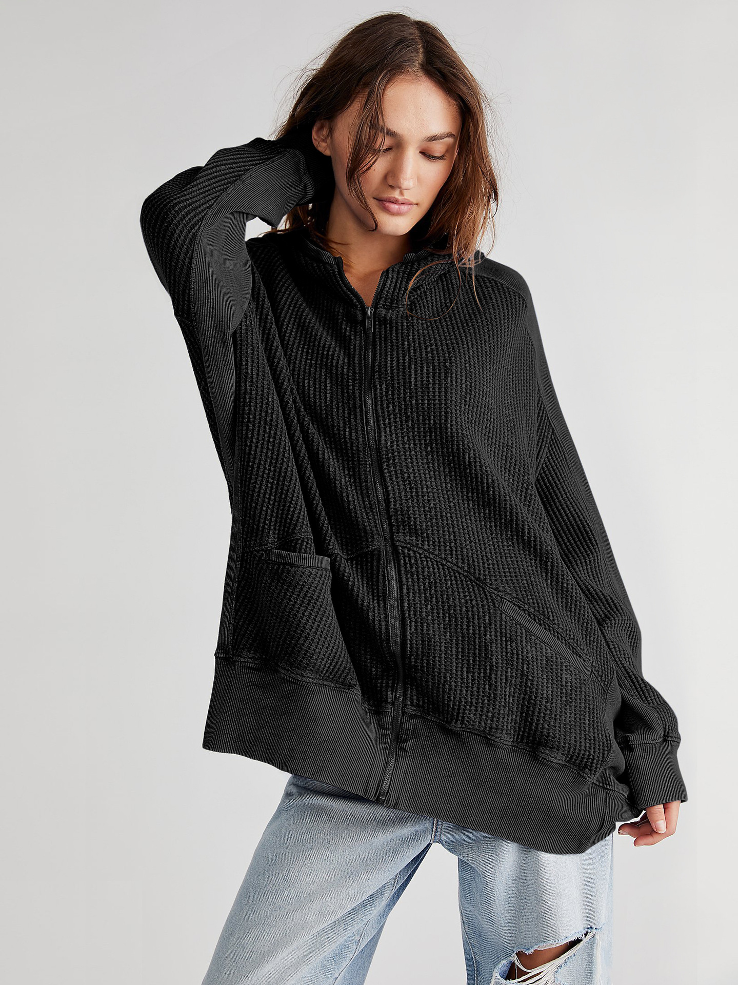 Waffley Cardigan Zipper Sweater Home Wear Outer Wear Women's Hoodie Mid-length Jacket