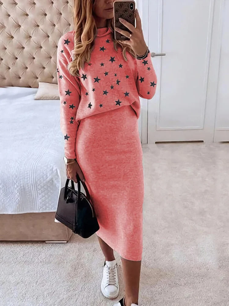 Women Elegant Two Piece Set Skirts Sets Autumn Casual O Neck Printing Long-sleeved Pullover Sweatshirt and Bodycon Skirt Outfits