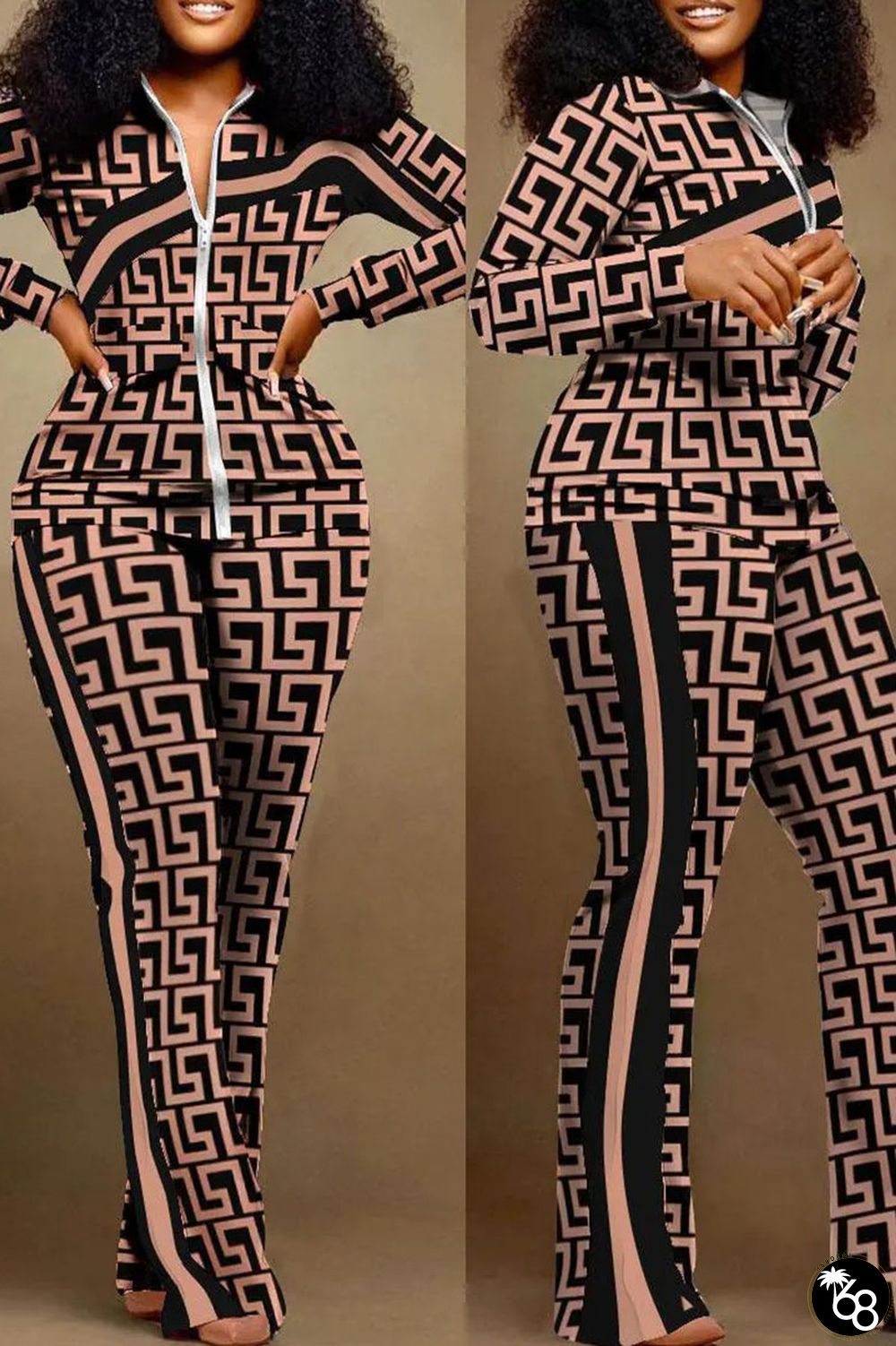 Red-brown Casual Print Patchwork Contrast Turndown Collar Plus Size Two Pieces | 168DEAL