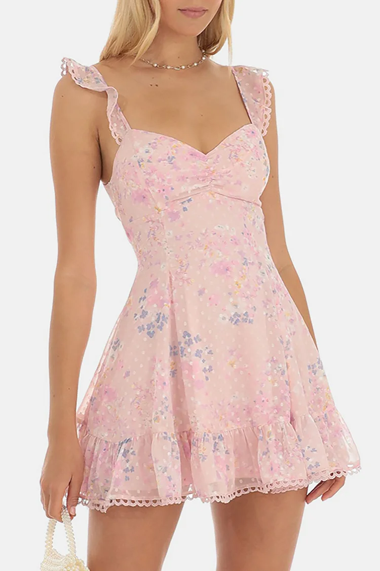 Floral Print Ruffled Cami Lace Up Backless A-Line Flounced Hemline Vacation Mini Dresses