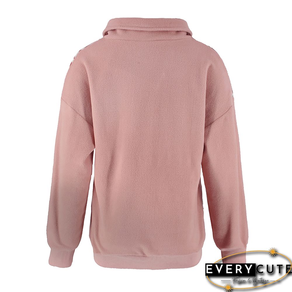 Pink Splice Print Polar Fleece Warm Pullover Sweatshirt