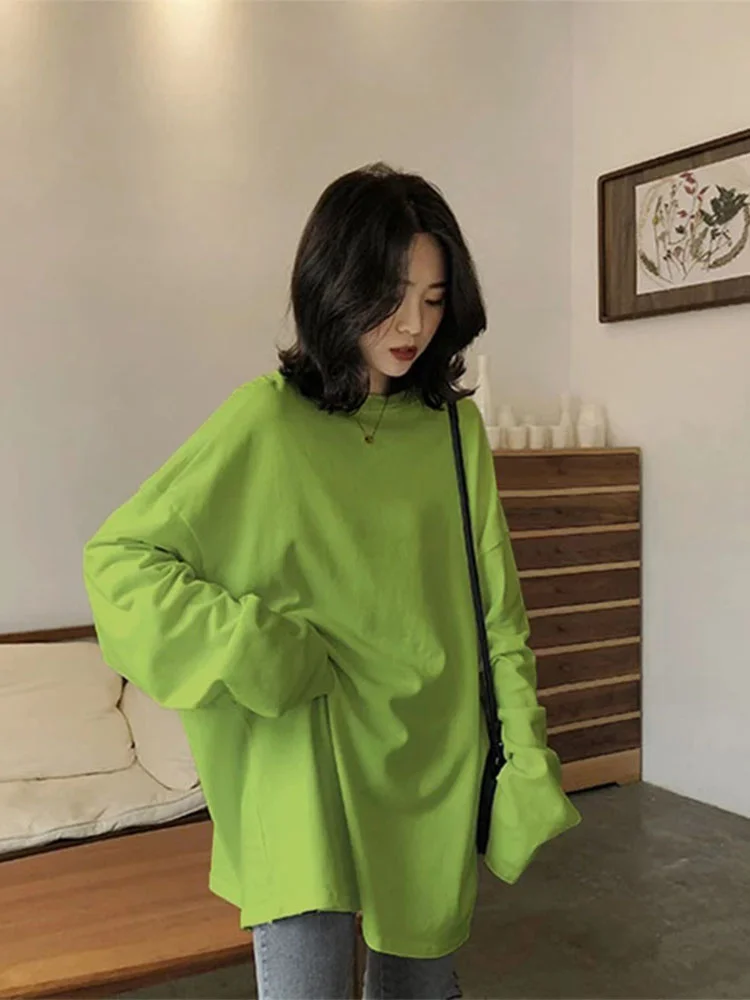 spring autumn Solid Simple  tshirt  long T Shirt Women kawaii T-shirts Women 90s White yellow long Sleeve Tops