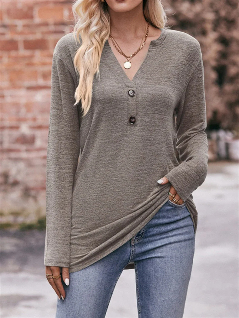 Women's Buttons Solid Color Long Sleeve V-neck Top