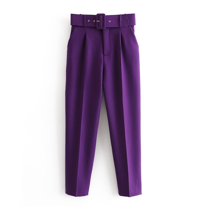 Aachoae Solid Elegant Pencil Pants Women Business Suit Pants Female Pleated Lady Long Trousers With Belt Pantalones Mujer