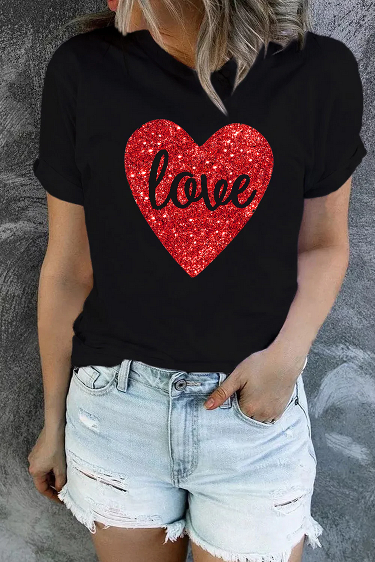 Valentine Glitter Heart-shape Print T-Shirt