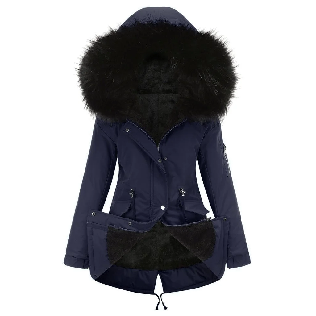 Women's Mid-length Hooded Fur Collar Warm And Fleece Coat