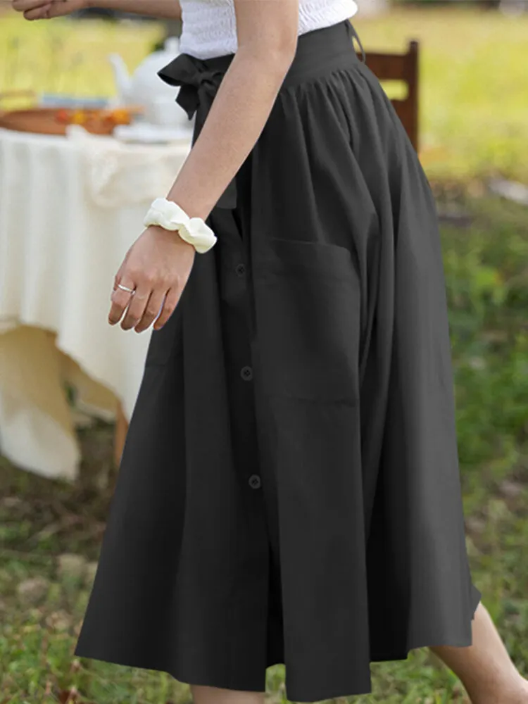 Solid Color Button Pocket Knotted Long Casual Skirt for Women
