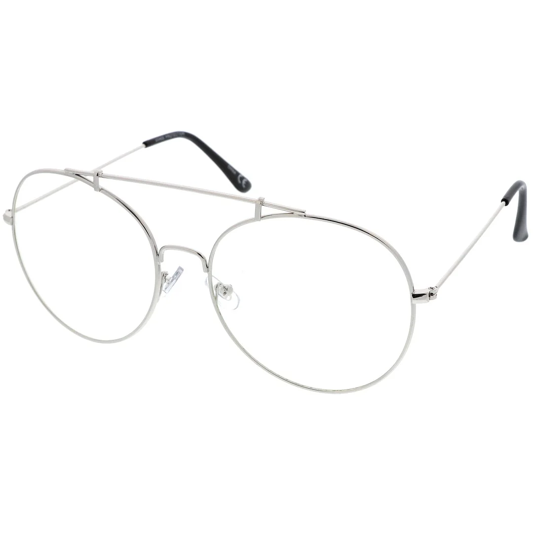 Classic Oversize Metal Frame Slim Temple Crossbar Clear Lens Round Eyeglasses 59mm