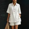 Women's Elegant Plus Size Solid Color Short-Sleeve Shirt Loose Pants Two-Piece Set