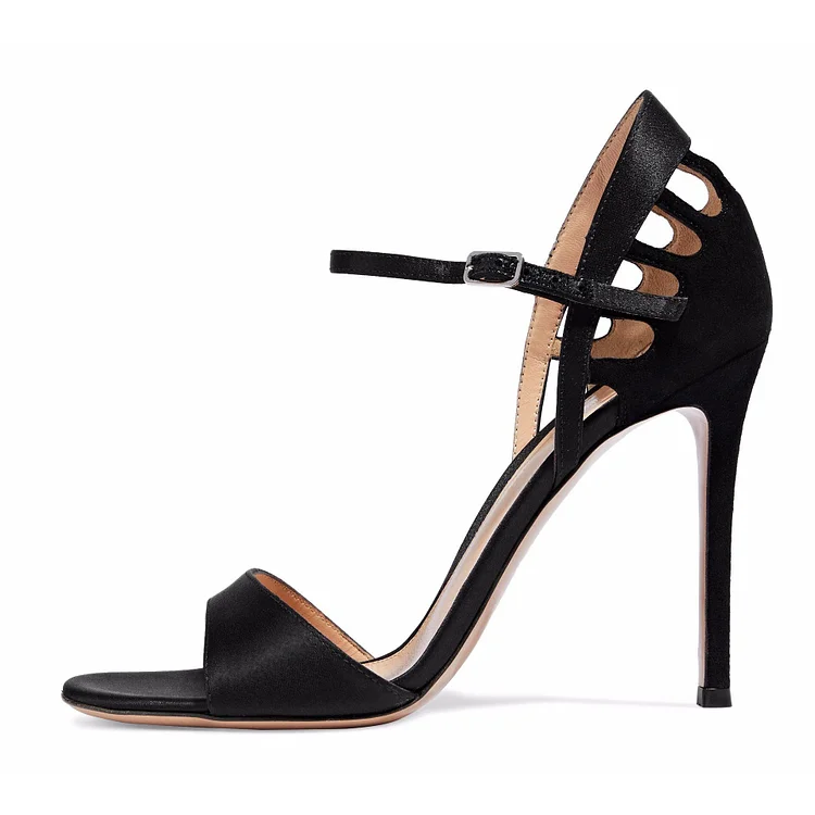 Black Satin Stiletto Heels Open Toe Sandals for Office Lady |FSJ Shoes