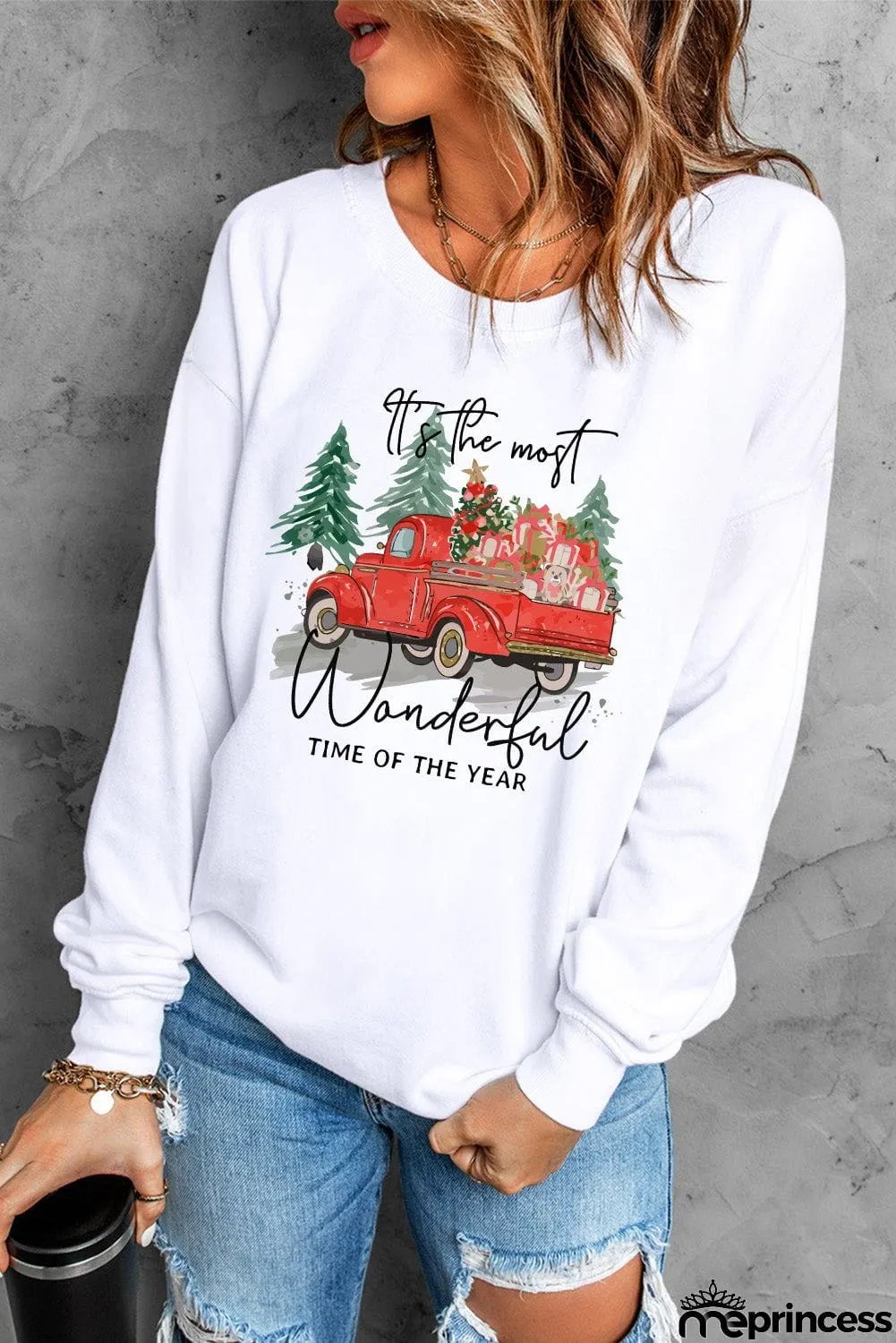 Christmas Truck Letter Graphic Print Pullover Sweatshirt