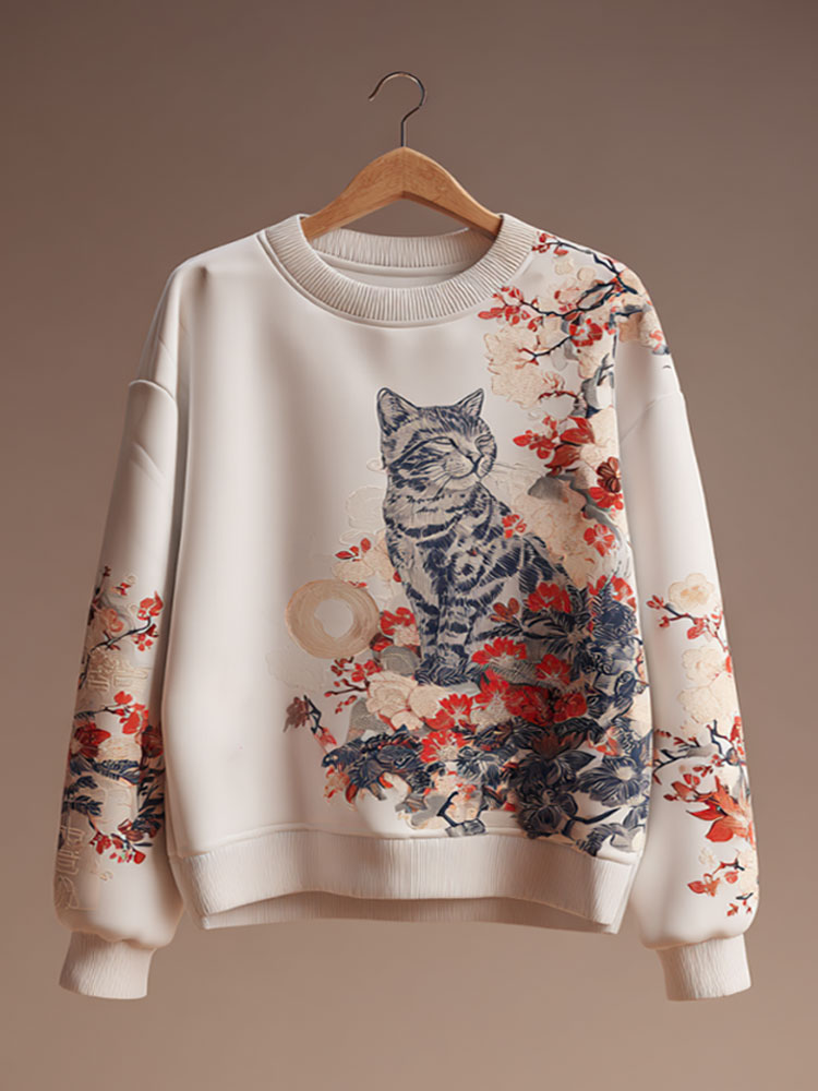 Comstylish Women's Casual Japanese Art Cat Print Sweatshirt