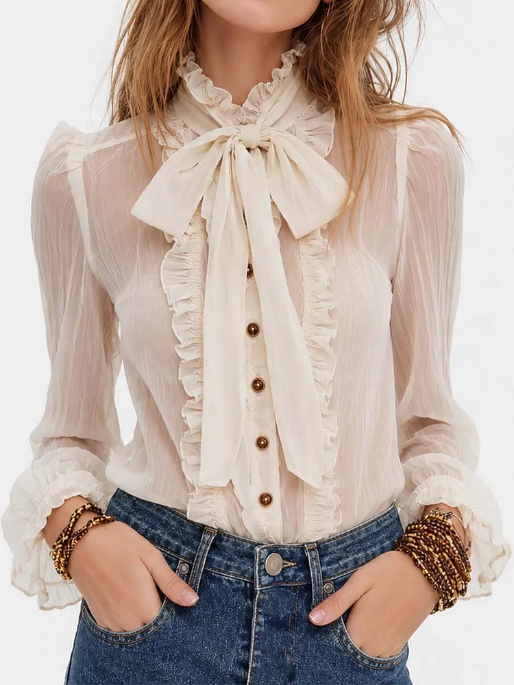 Ruffle High Neck Bow Tie Front Puff Sleeve Ruffle Cuff Crinkled Sheer Chiffon Blouse