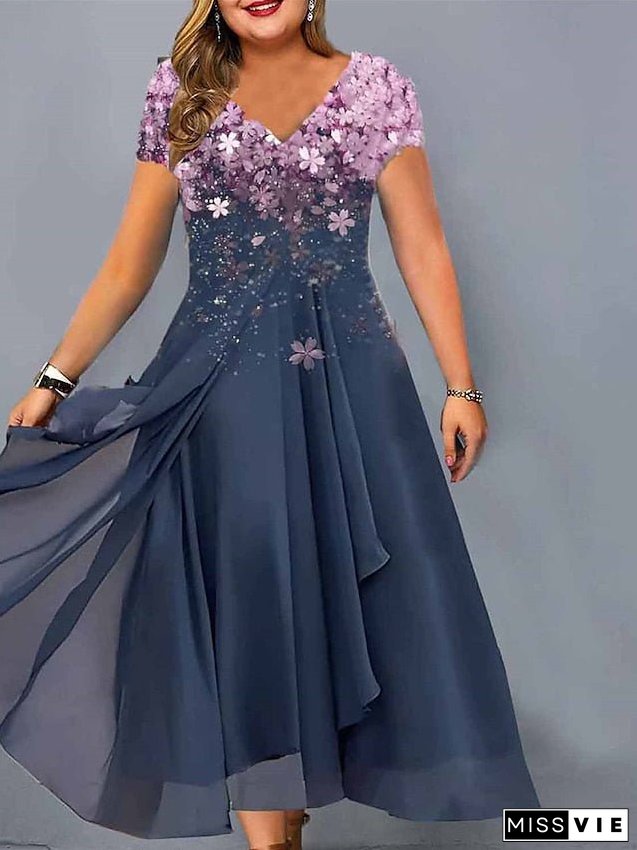 Women's Plus Size A Line Dress Floral V Neck Print Short Sleeve Spring Summer Elegant Midi Dress Daily Vacation Dress