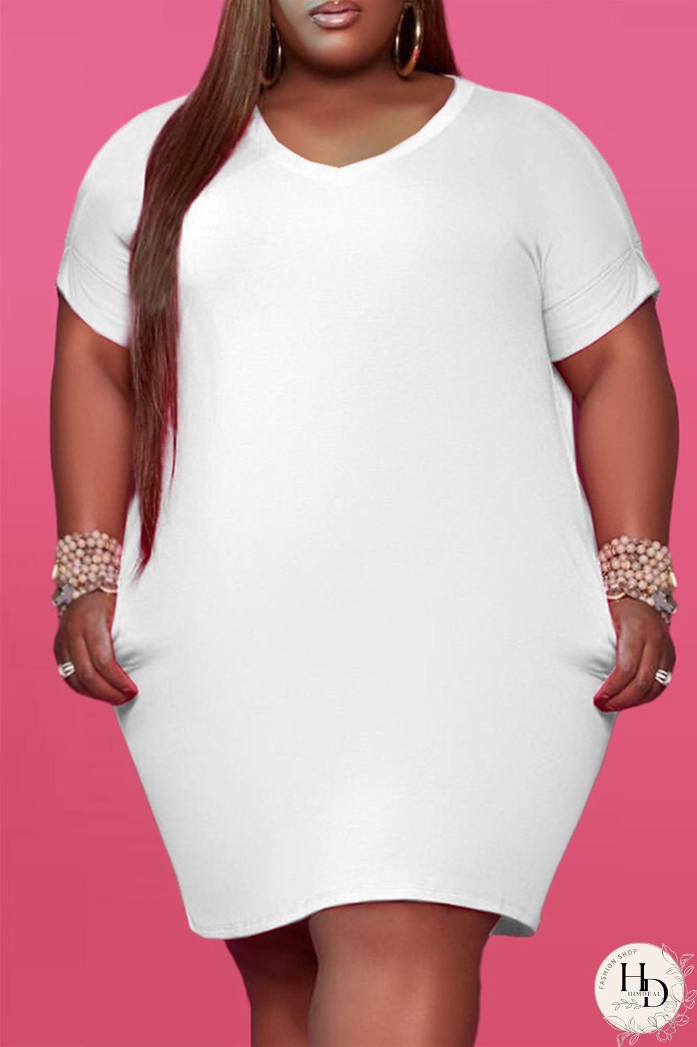 Red Fashion Casual Plus Size Solid Basic V Neck Short Sleeve Dress