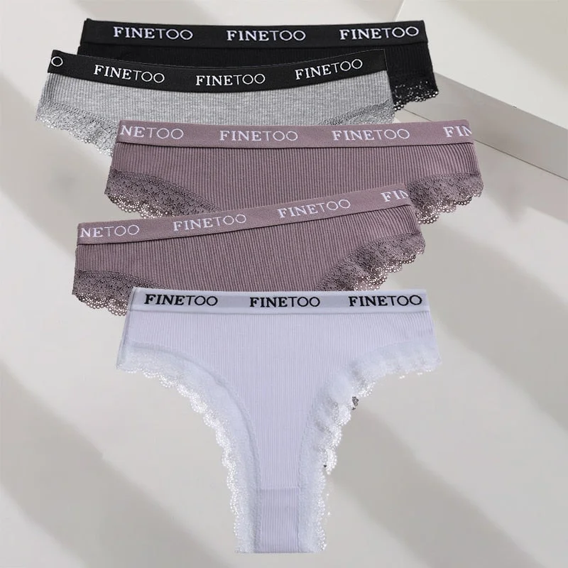 FINETOO 5PCS/Set M-XXL Cotton Panties Women's Letter Thong  Girls Brazilian Panty Sexy Lace Underwear For Woman Lingerie Bikini
