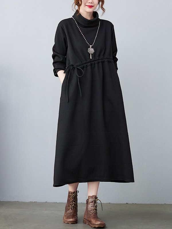 Casual Loose Solid Color Drawstring High-Neck Long Sleeves Sweater Dress